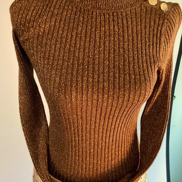 INC Copper Brown Metallic Rib Knit Sweater with Gold Shoulder Buttons NWT - Picture 16 of 16